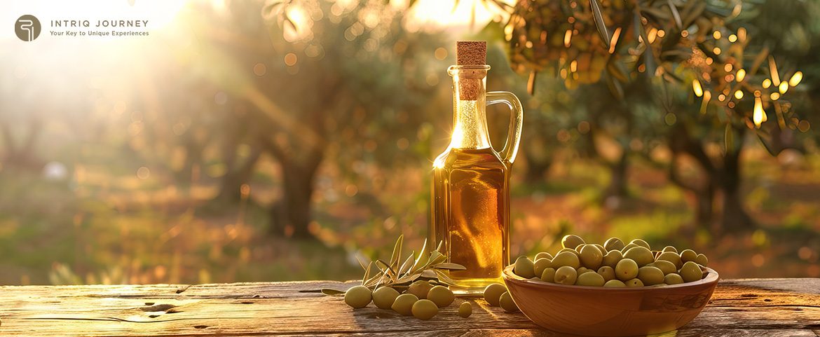 Exclusive Olive Oil Tastings and Culinary Experiences in Spain Premium olive oil tasting in a sunlit Spanish grove.